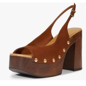 YDN Brown Rivet Studded Platform Block High Heeled Sandals Slingback Buckle Shoe